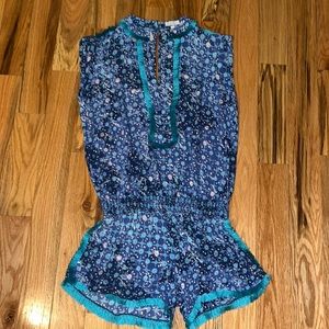 Poupette St Barth Romper. Blue, white design with teal fringe, size Medium.